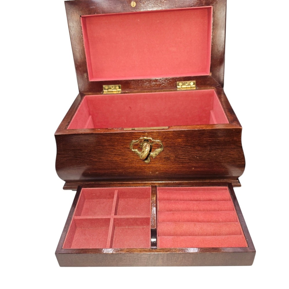 Vintage Virginia Metalcrafters Williamsburg Mahogany Jewelry Chest Box w/ Key - Picture 5 of 11